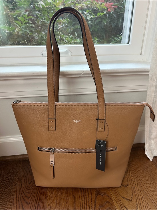 Tahari Handbags - Tahari Camel Leather Zip-Top Tote with Front Pocket